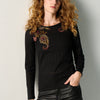 T-shirt femme manches longues broderie cachemire noir – Koroshi
