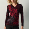 T-shirt donna manica lunga stampata scollo a V bordeaux - Koroshi