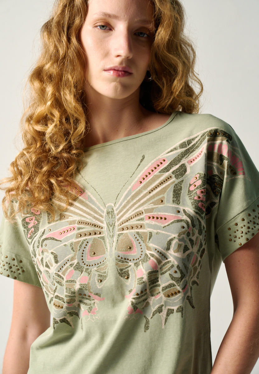 Damen T-Shirt Schmetterling-Print Khaki - Koroshi