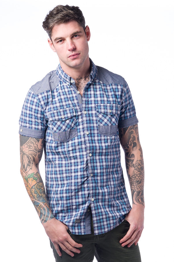 Chemise homme bleue à carreaux en coton avec poches et manches courtes - Koroshi 28210