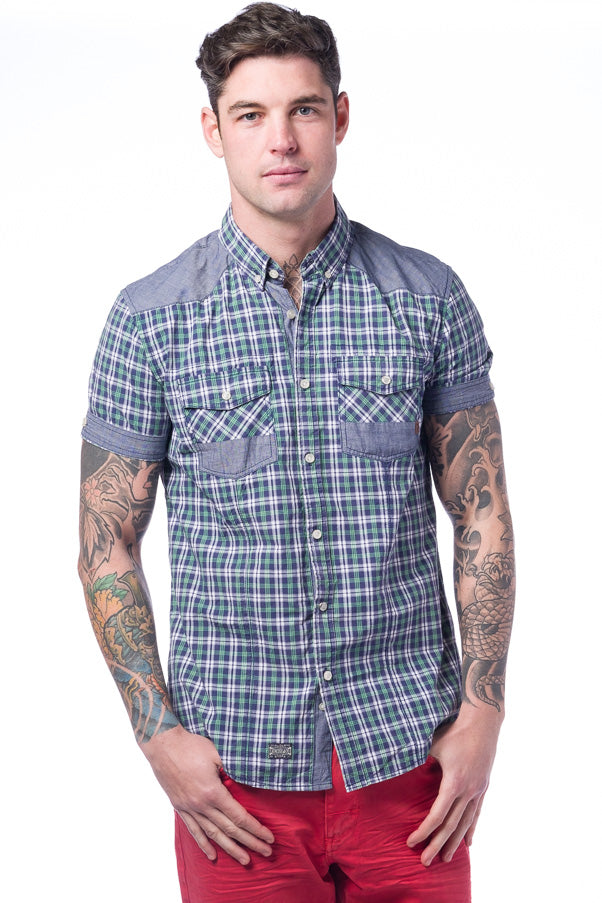 Chemise homme verte à carreaux manches courtes en coton avec poches - Koroshi 28210
