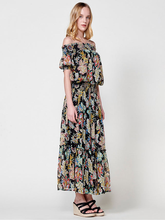 Robe chemise noire à imprimé tropical