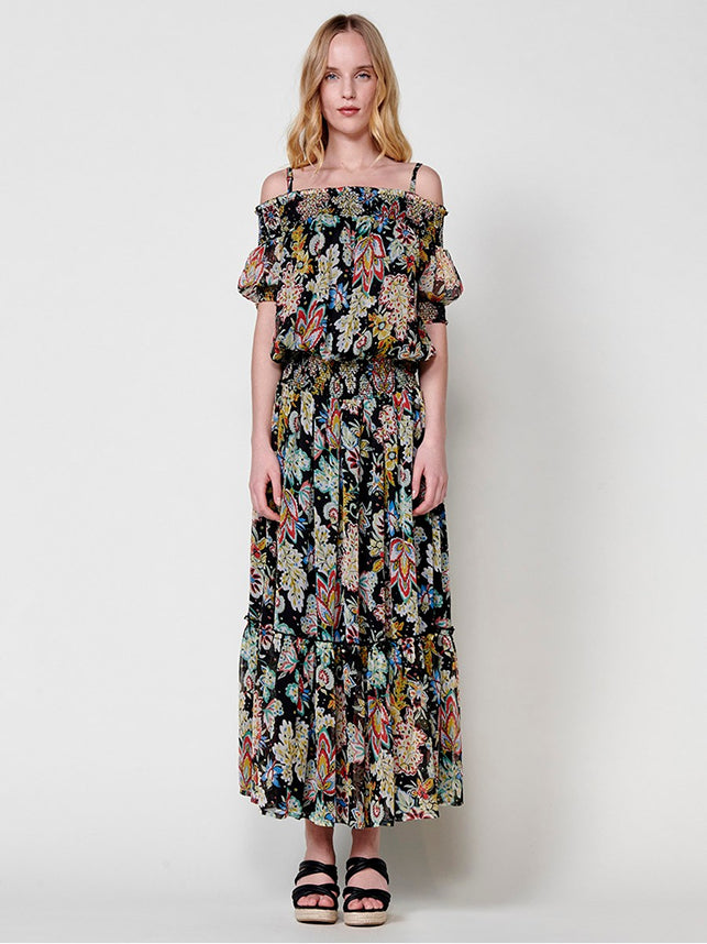 Robe chemise noire à imprimé tropical