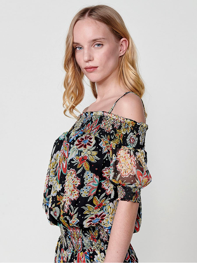 Robe chemise noire à imprimé tropical