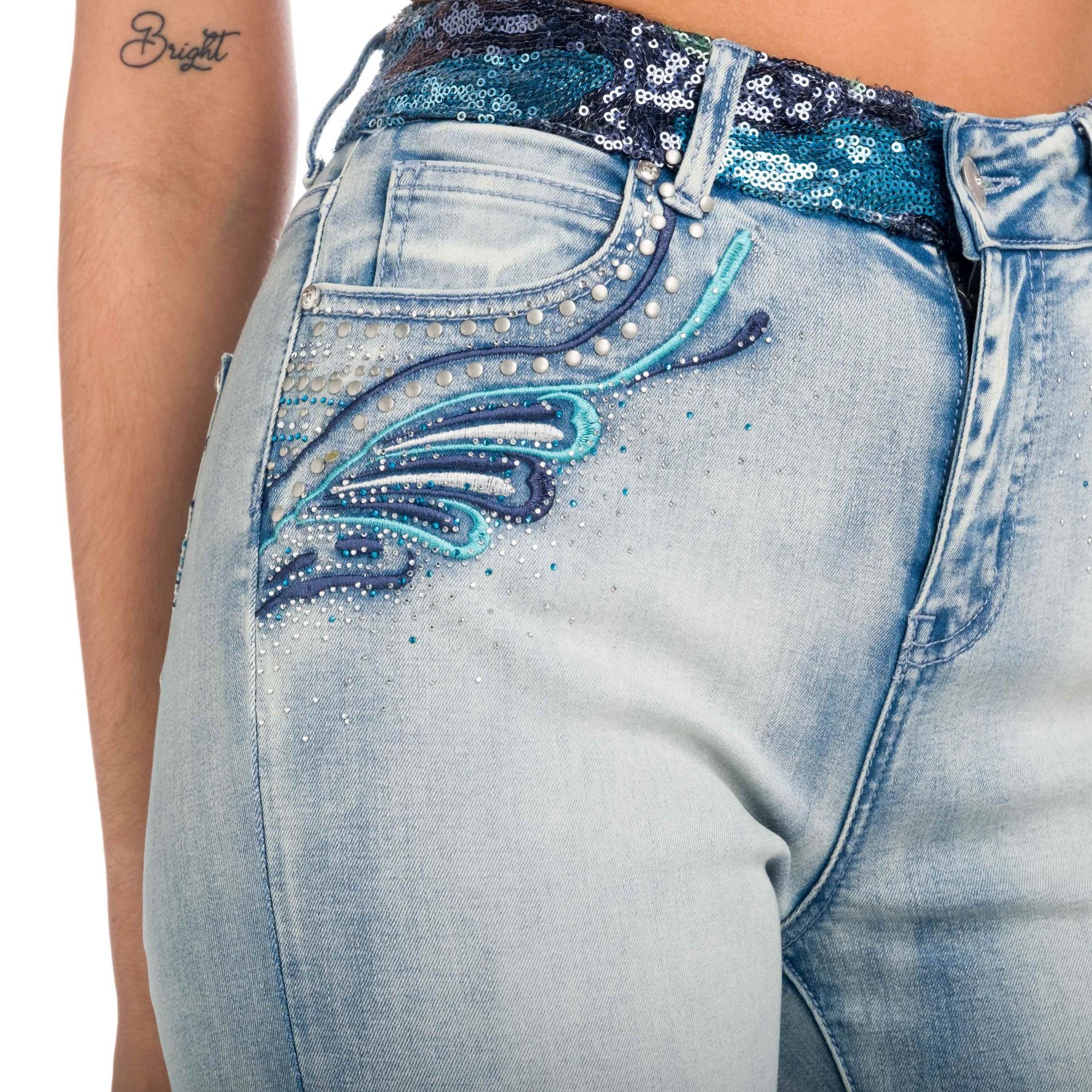 Pantalon denim bordado tachas 3