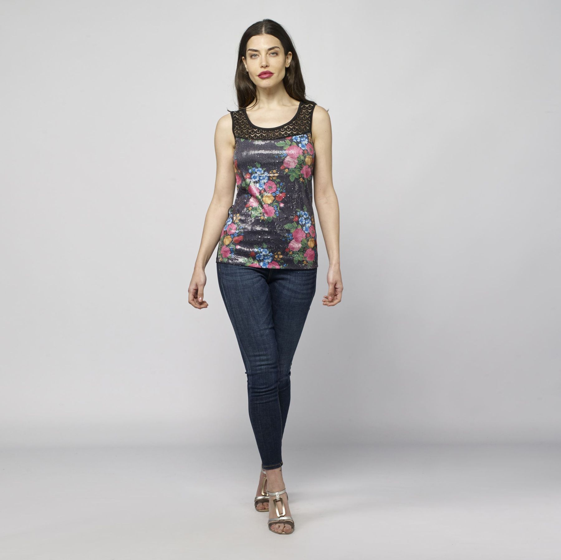 Top sans manches à imprimé floral noir pour femme