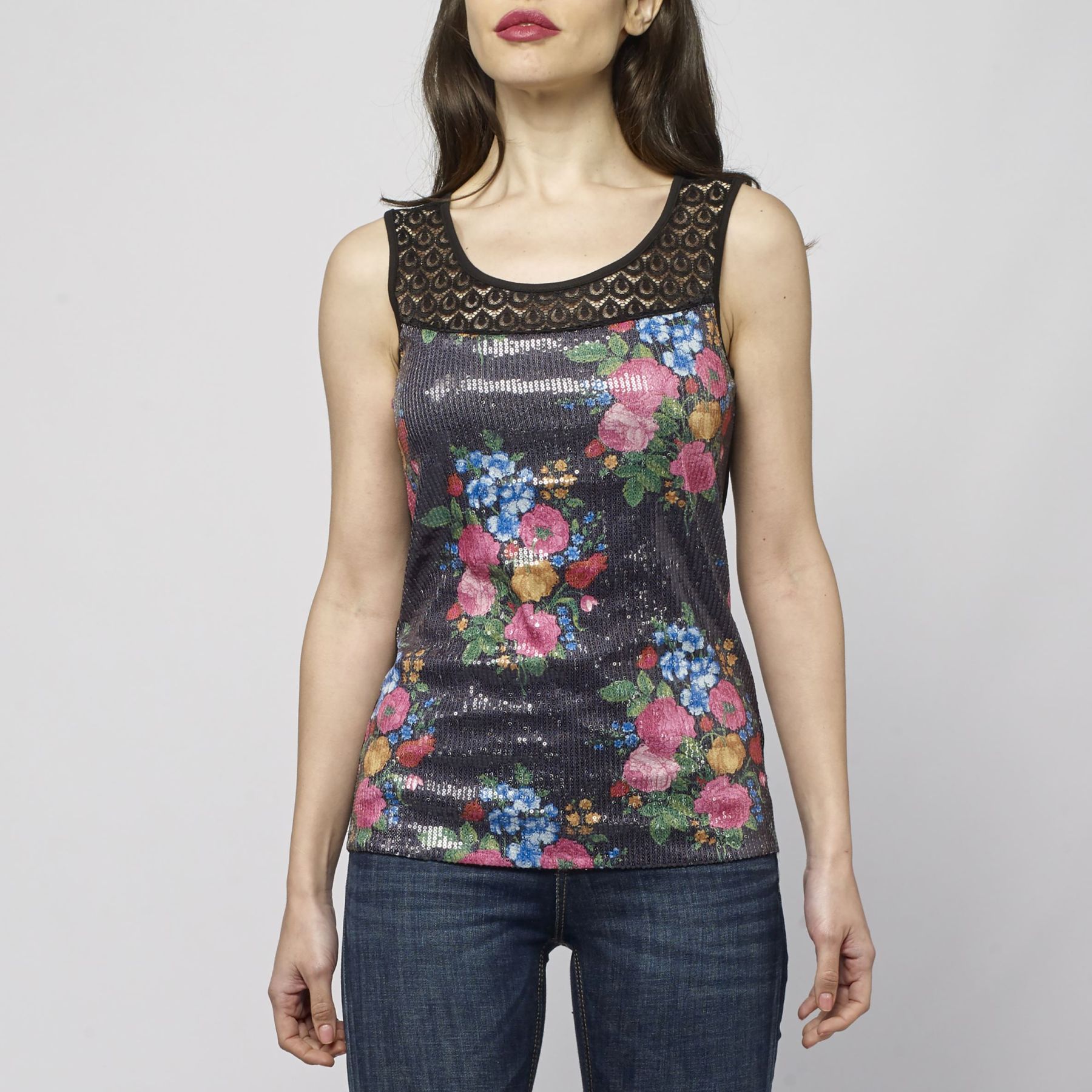 Top sans manches à imprimé floral noir pour femme 1