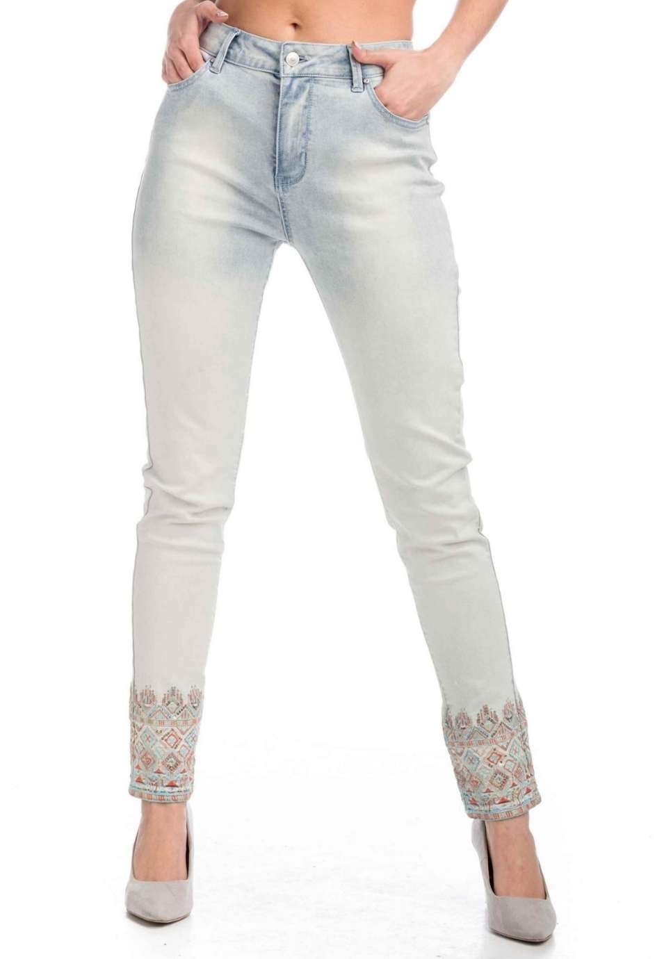 Pantalon de mujer elástico denim slim fit con degradado y lentejuelas en bajo