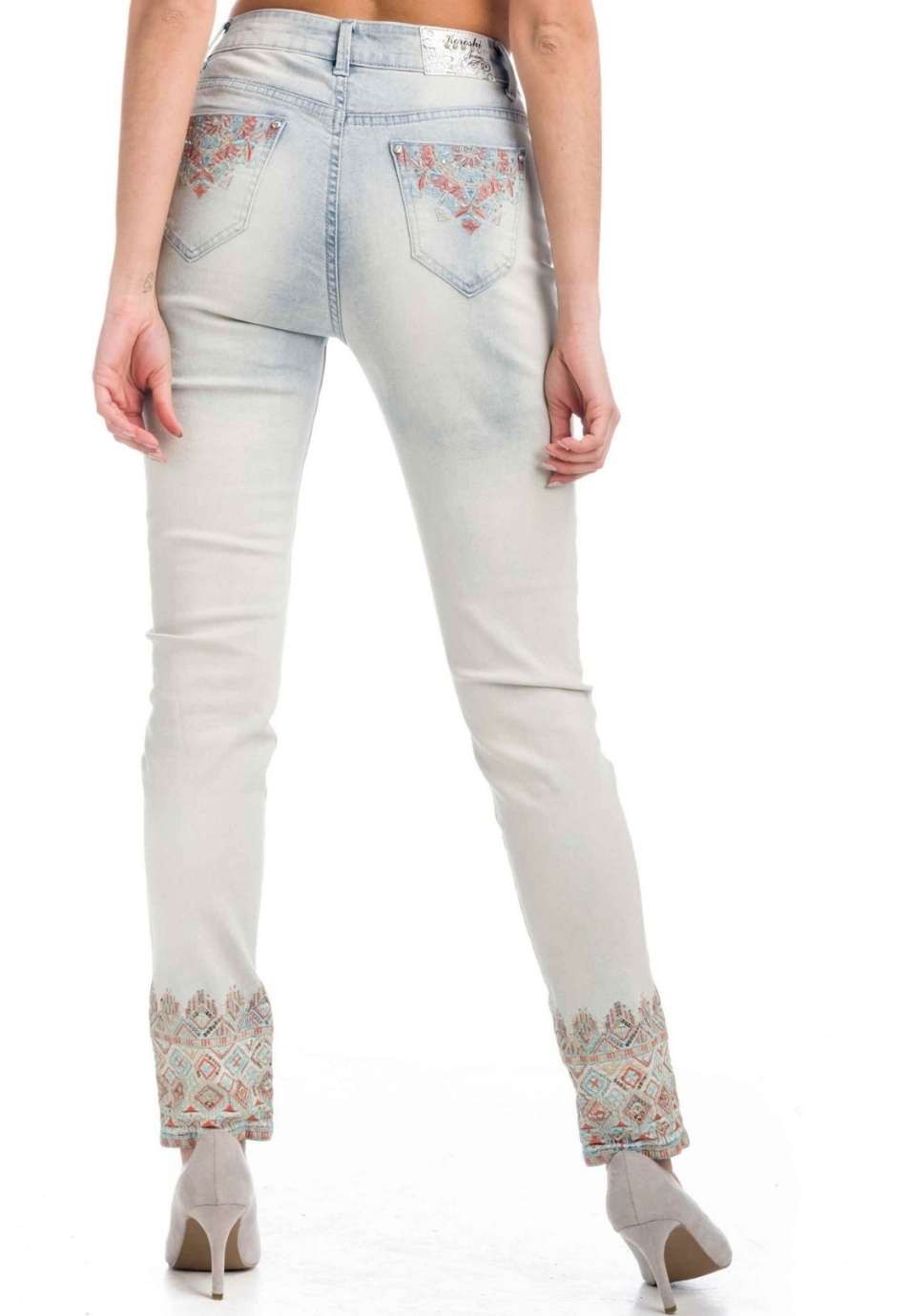 Pantalon de mujer elástico denim slim fit con degradado y lentejuelas en bajo 3