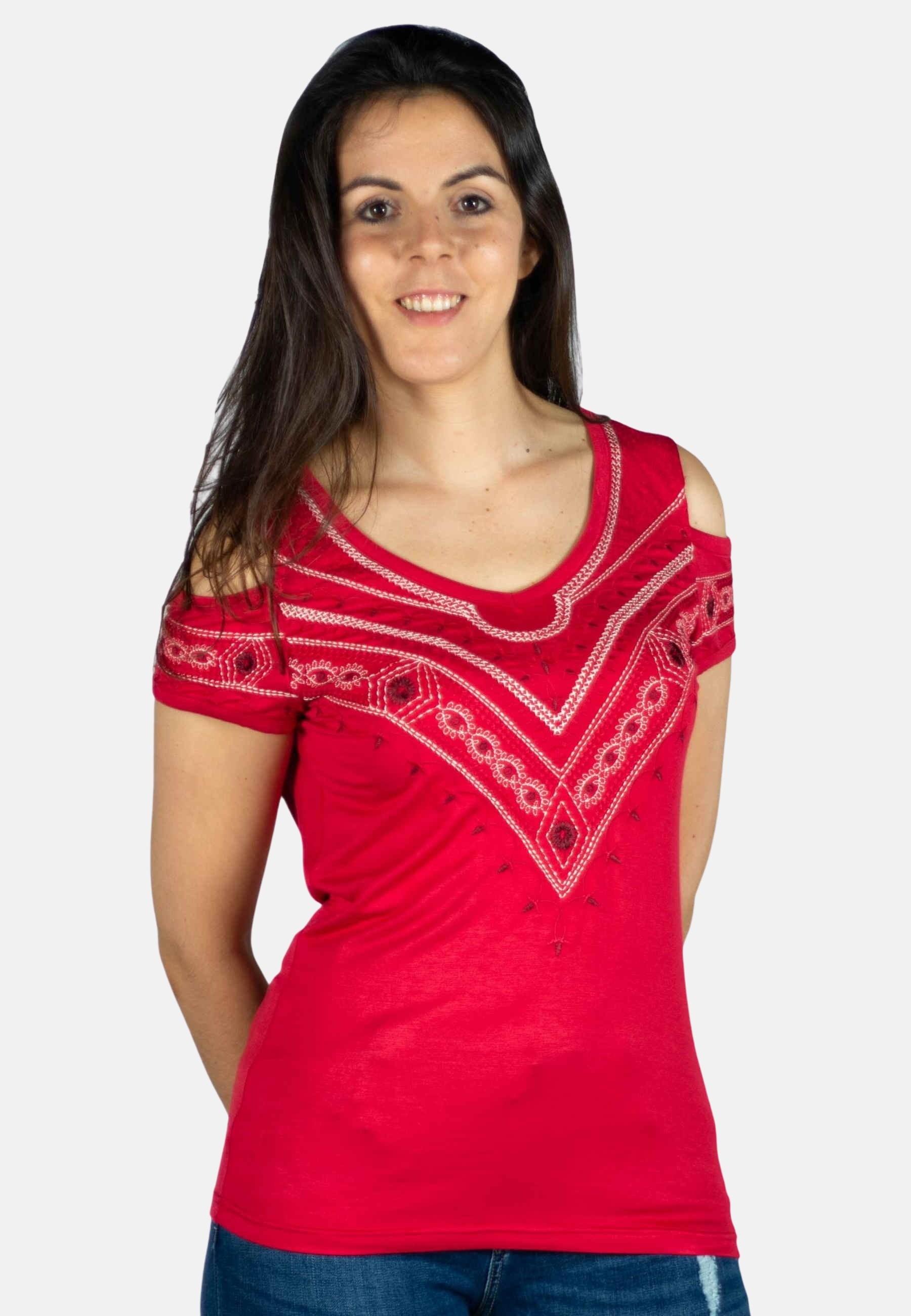 Top de Algodón manga corta color Rojo para Mujer