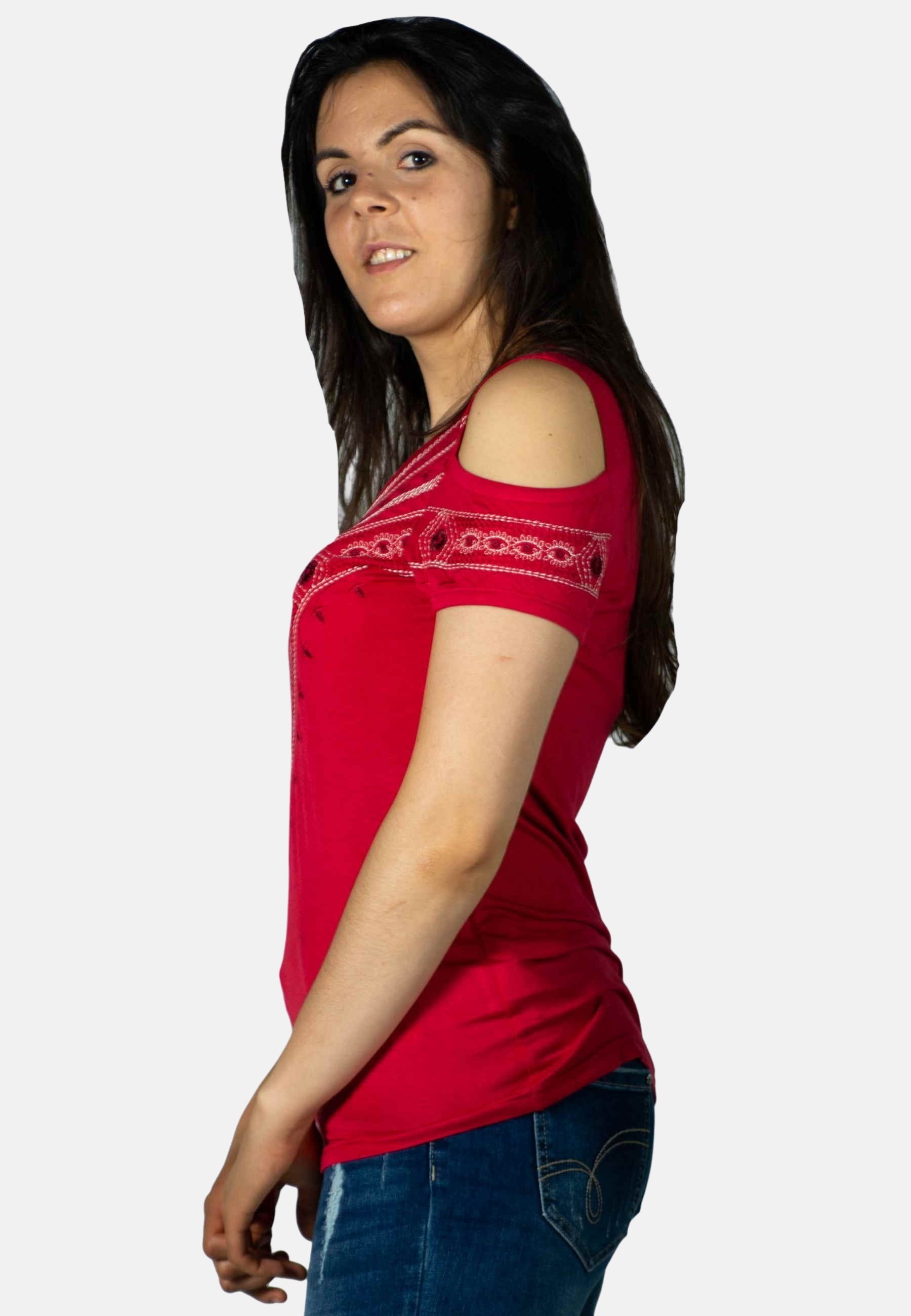 Top de Algodón manga corta color Rojo para Mujer 3