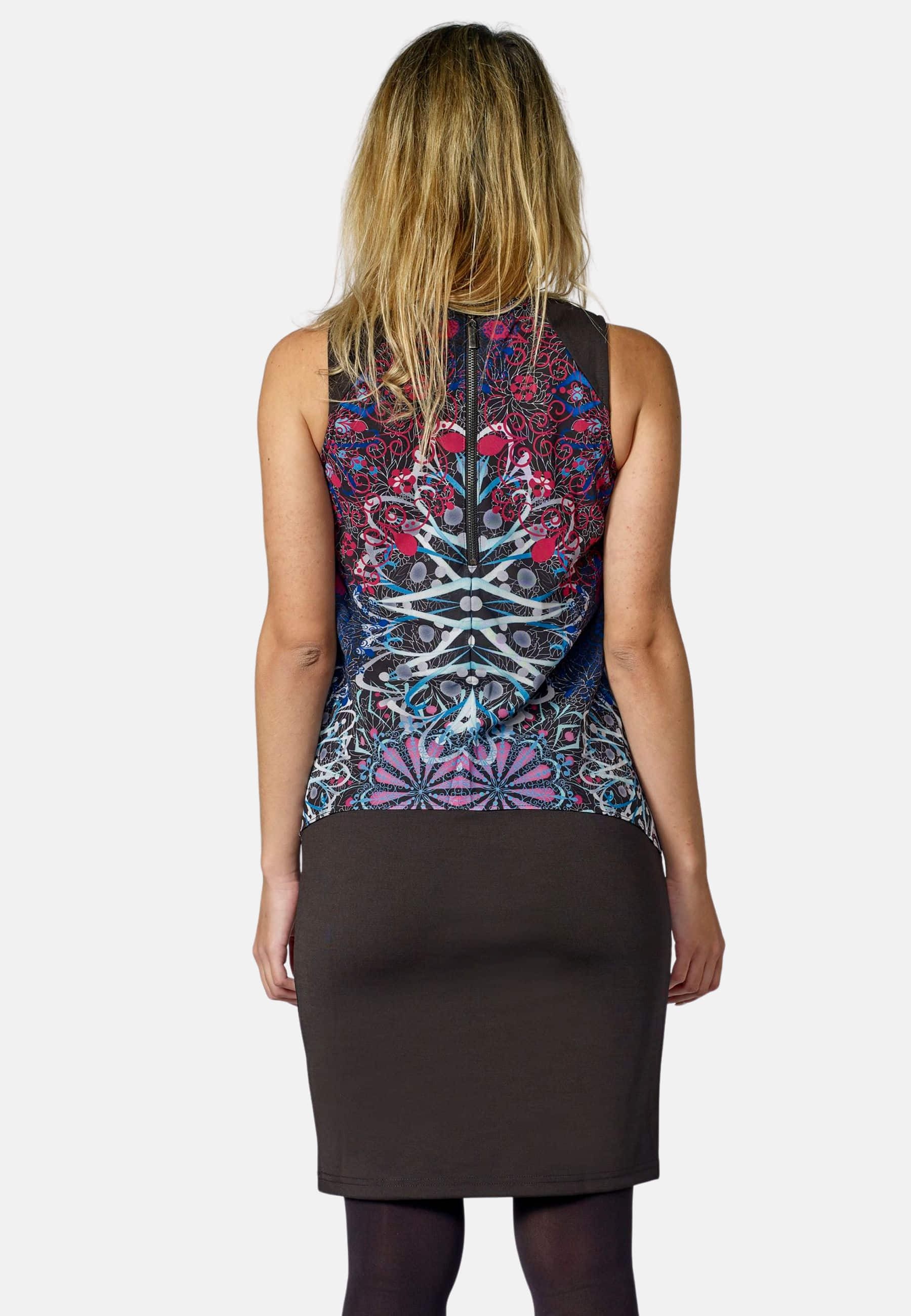 Vestido corto de punto roma elástico estampado de mandalas y cuello redondo con detalle chiflón color Negro para mujer 6