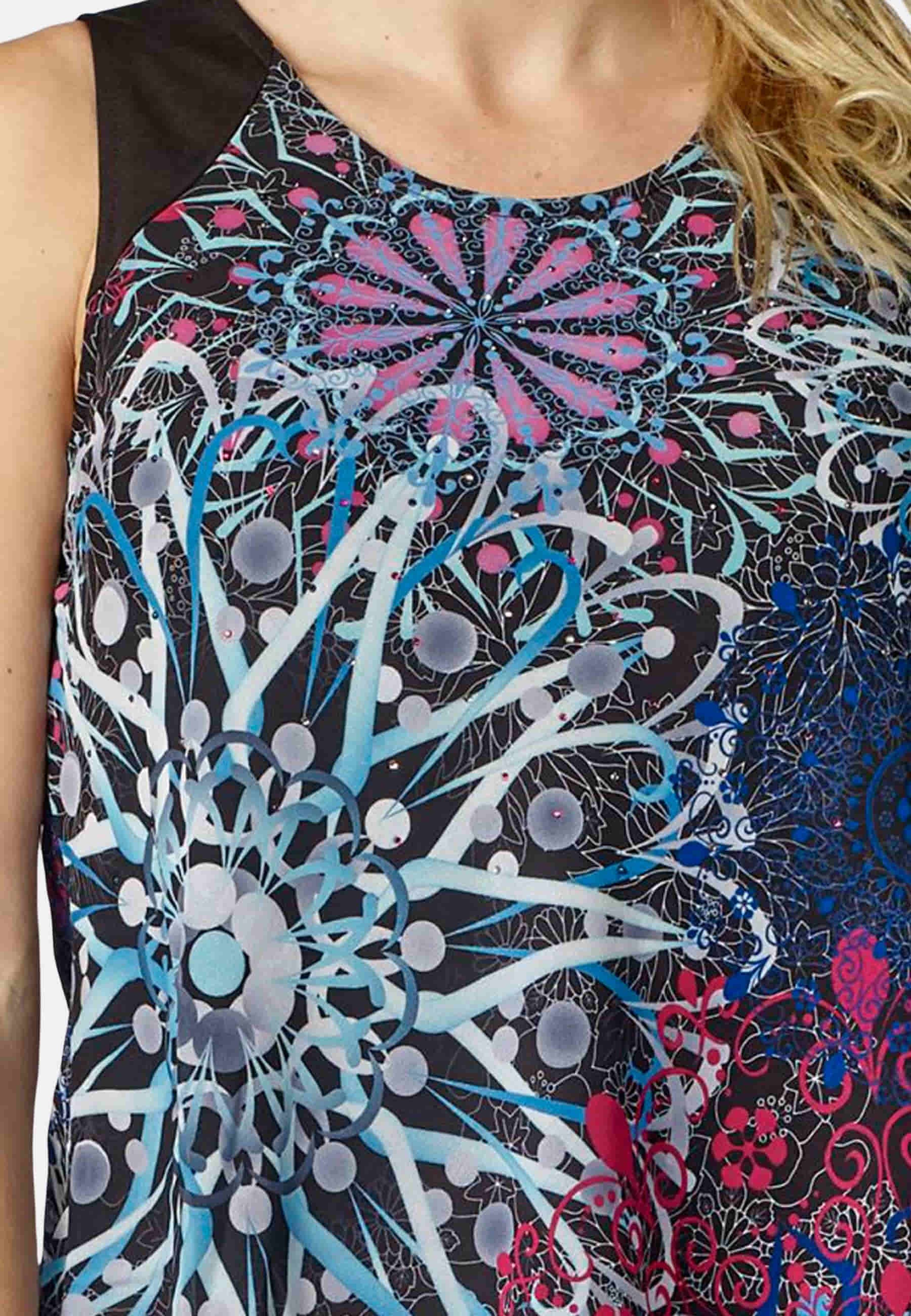 Vestido corto de punto roma elástico estampado de mandalas y cuello redondo con detalle chiflón color Negro para mujer 4