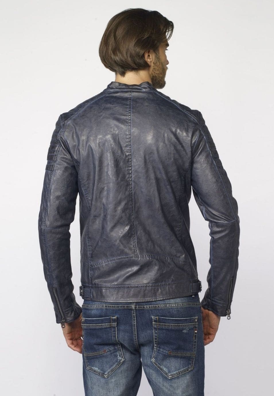 Chaqueta cazadora efecto piel color azul negro para hombre con forro de pelito 5