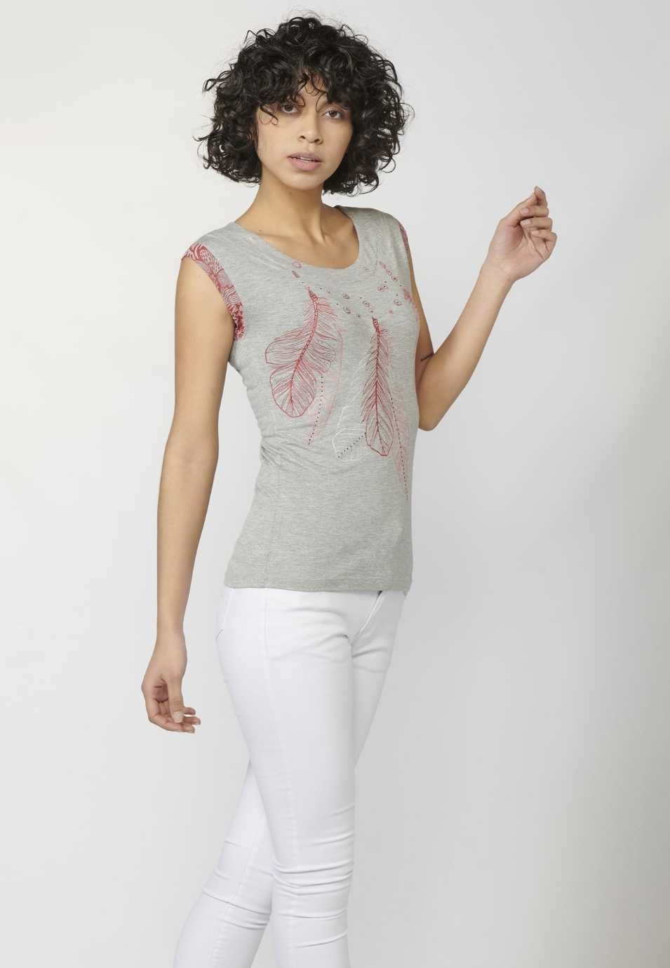 Top Col Rond Manches Courtes Imprimé Ethnique Gris pour Femme 1