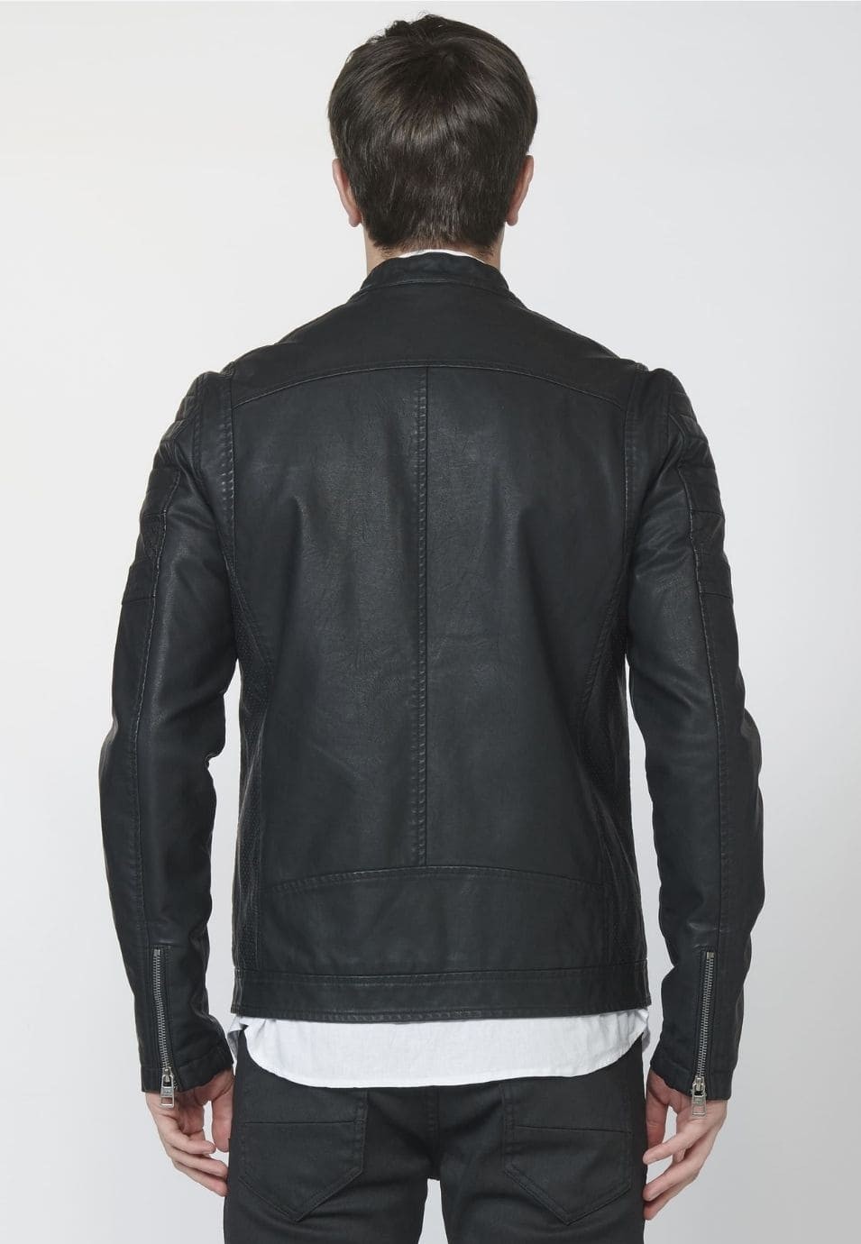 Chaqueta cazadora cuero sintético, Efecto Piel de Manga Larga con Bolsillos Exteriores e Interior color Negro para Hombre 4