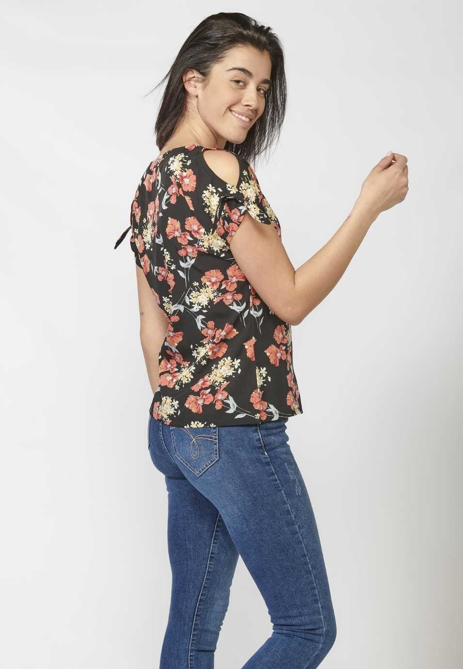 Blusa Manga Corta Mujer Estampado Floral Lazo Hombro 2