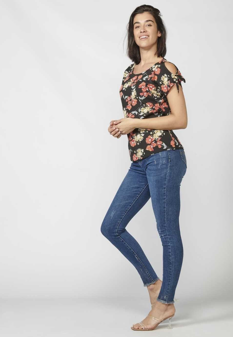 Blusa Manga Corta Mujer Estampado Floral Lazo Hombro 3