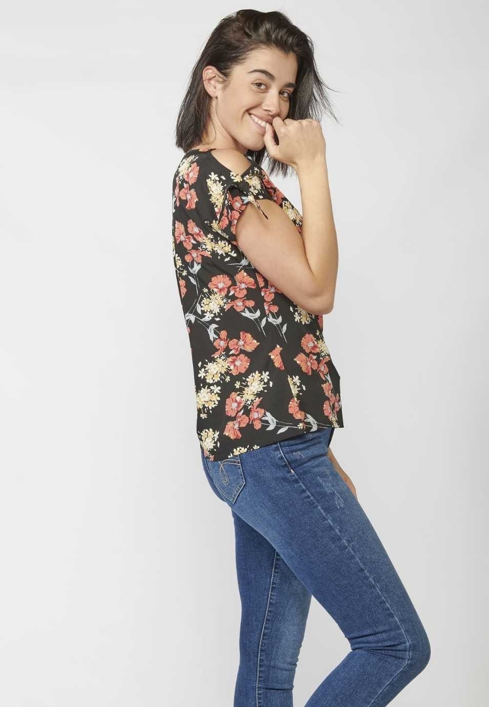 Blusa Manga Corta Mujer Estampado Floral Lazo Hombro 1