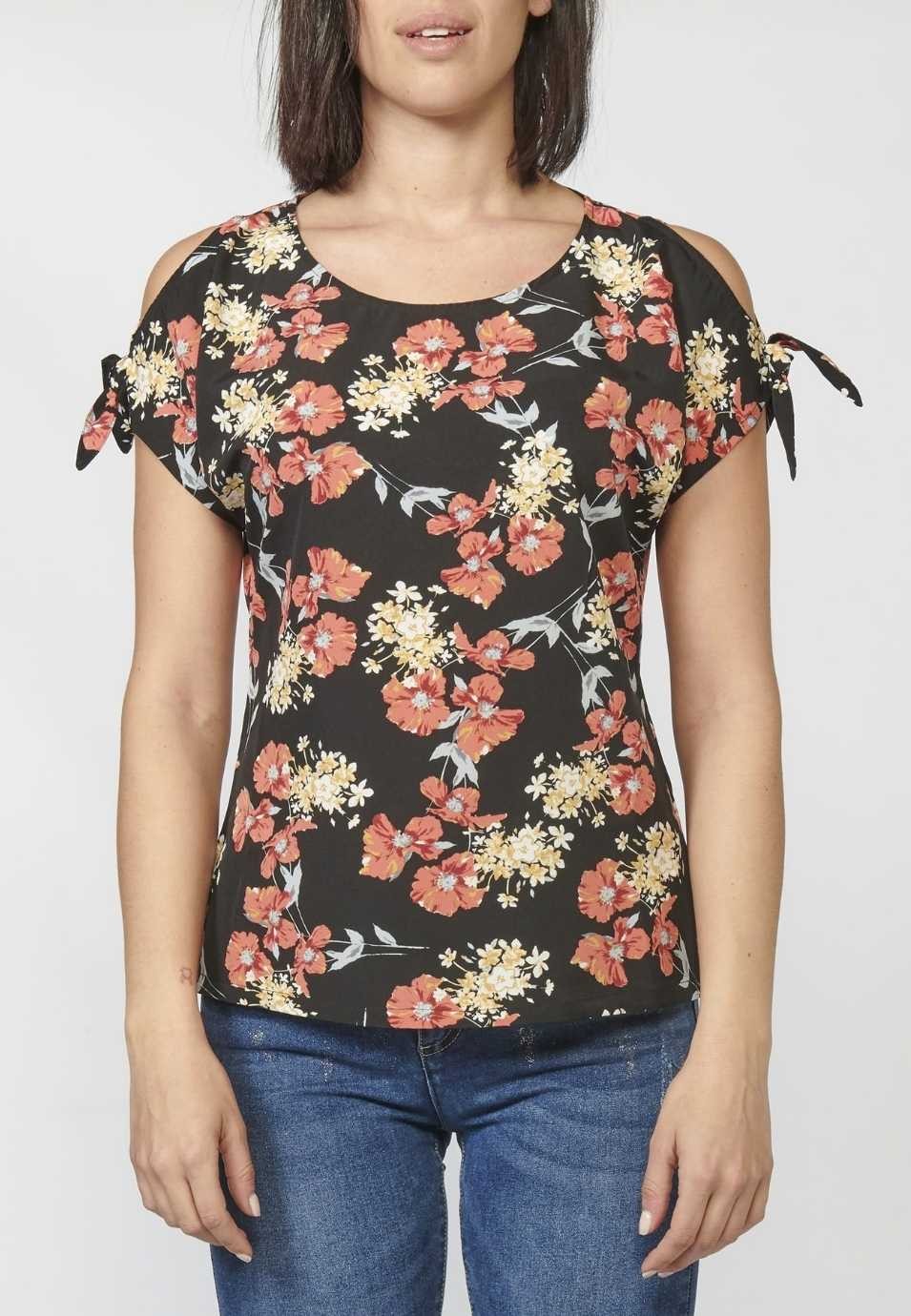 Blusa Manga Corta Mujer Estampado Floral Lazo Hombro 4