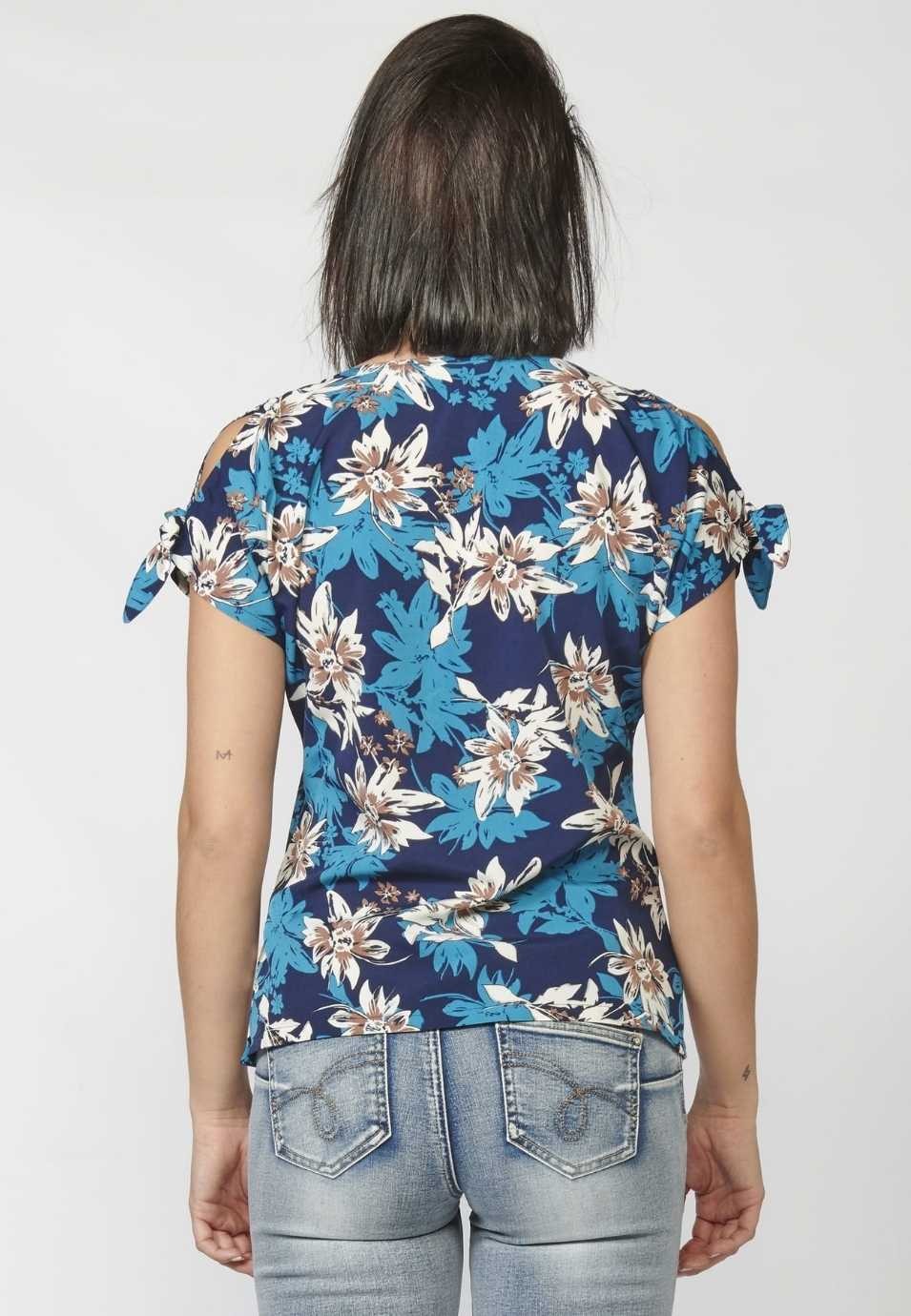 Blusa Manga Corta Mujer Estampado Floral Lazo Hombro 