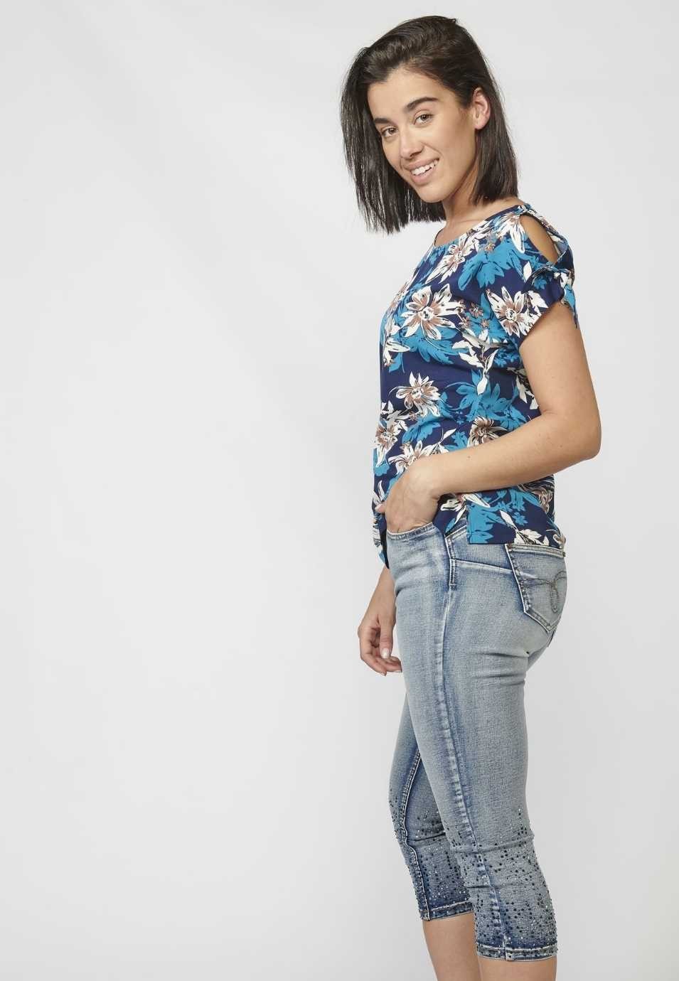 Blusa Manga Corta Mujer Estampado Floral Lazo Hombro 