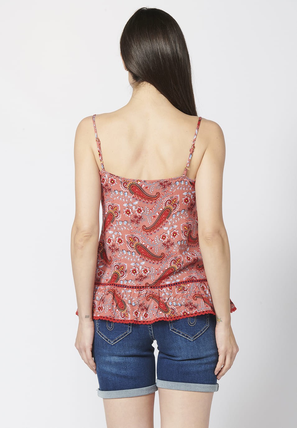 Blusa Fluida sin Mangas Acabado en Volante y Puntilla, Estampado Floral para Mujer 5