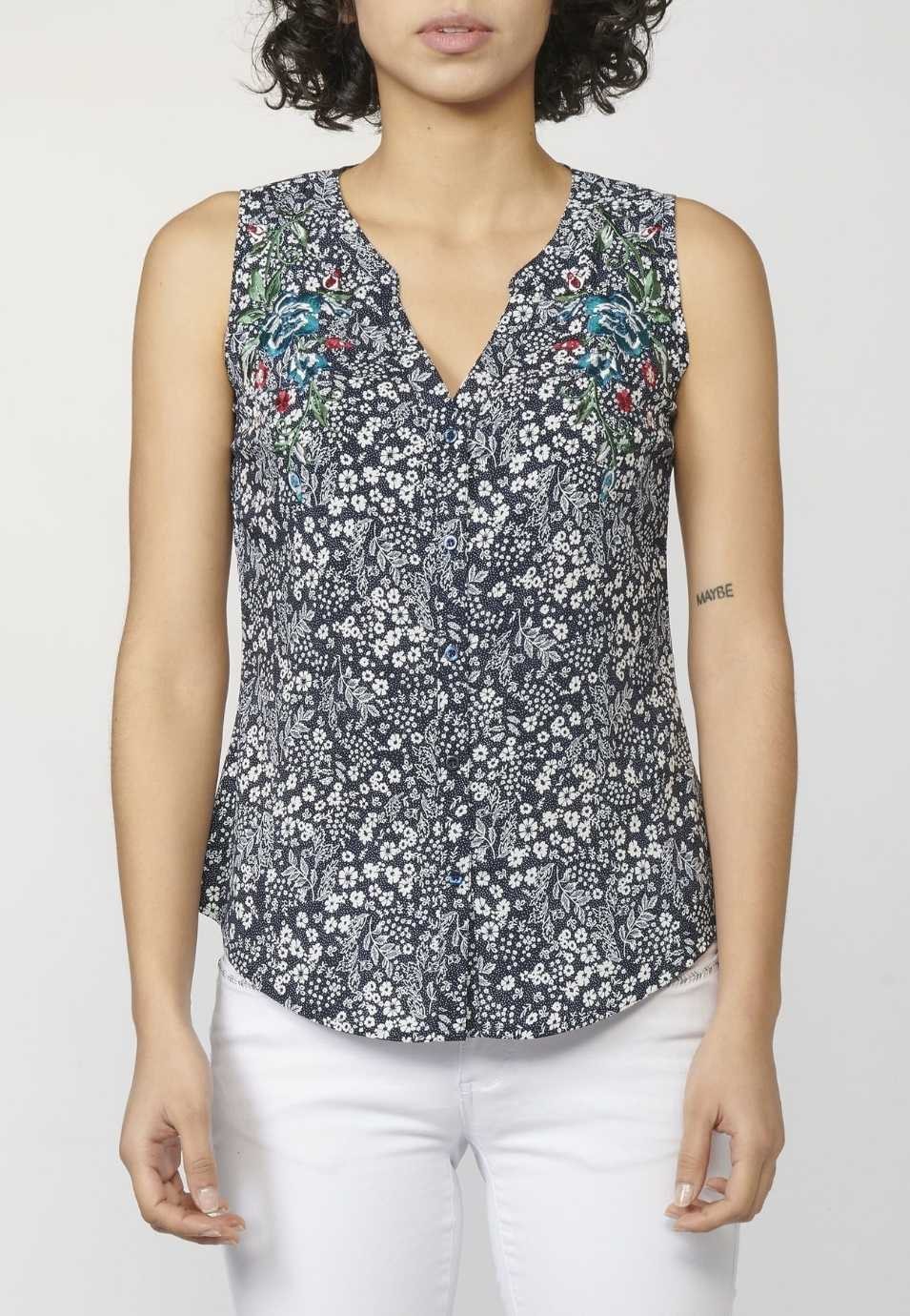 Blusa Fluida sin Mangas Estampado Floral y Detalles Bordados para Mujer 1