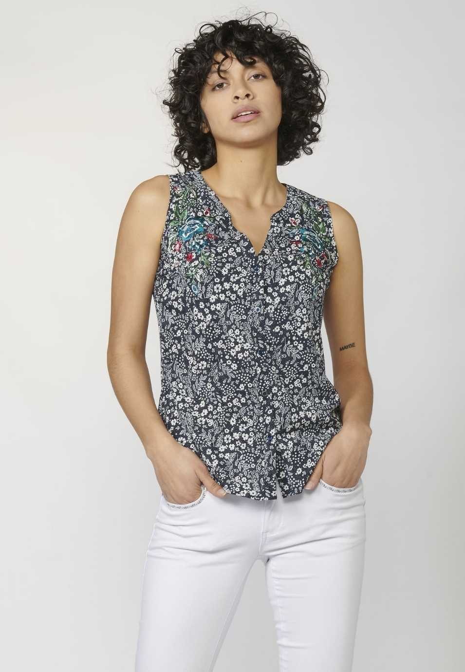 Blusa Fluida sin Mangas Estampado Floral y Detalles Bordados para Mujer