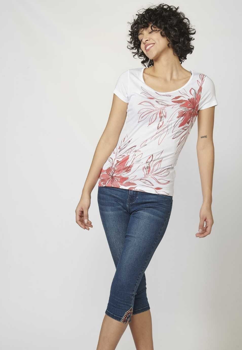 Camiseta Top manga corta con Escote Redondo y Estampado Floral para Mujer 5