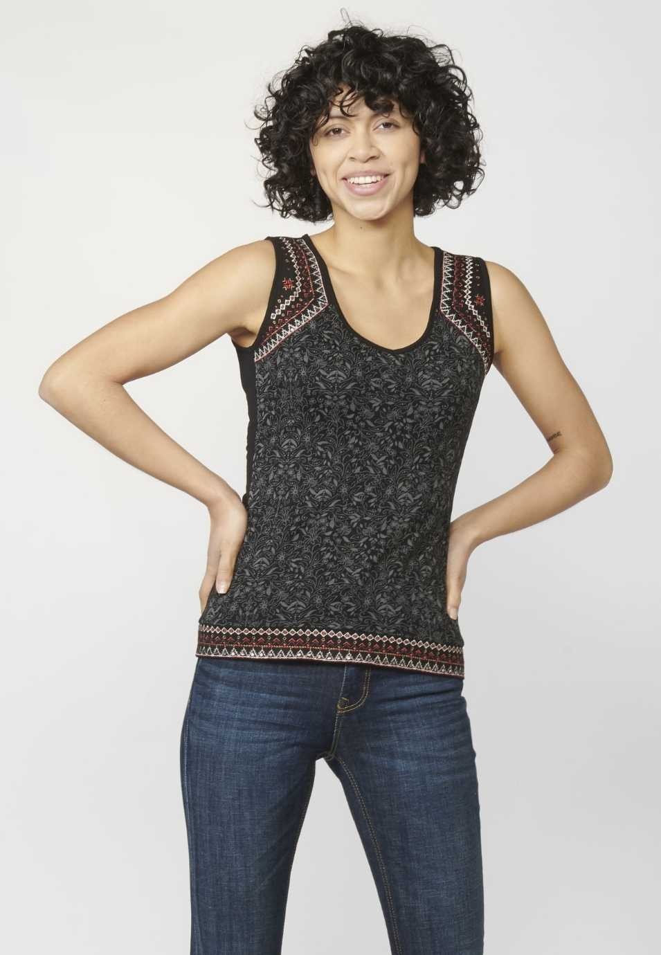 Tank Top with V-neckline and Ethnic Embroidery for Woman in Black color