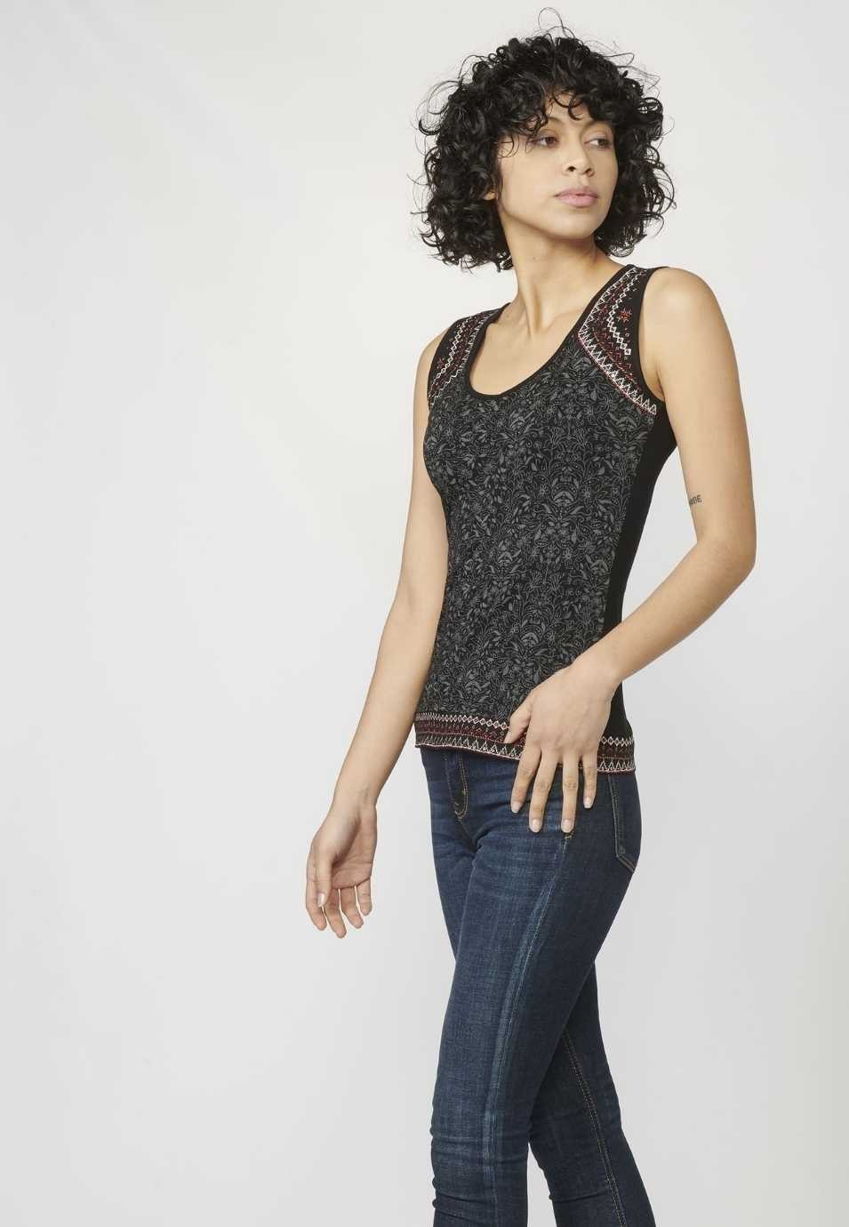 Tank Top with V-neckline and Ethnic Embroidery for Woman in Black color 5