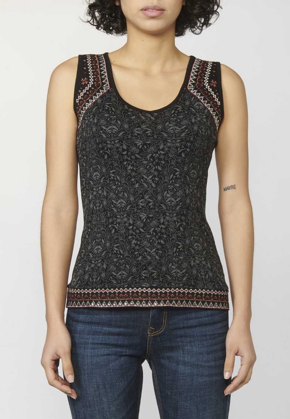 Tank Top with V-neckline and Ethnic Embroidery for Woman in Black color 2