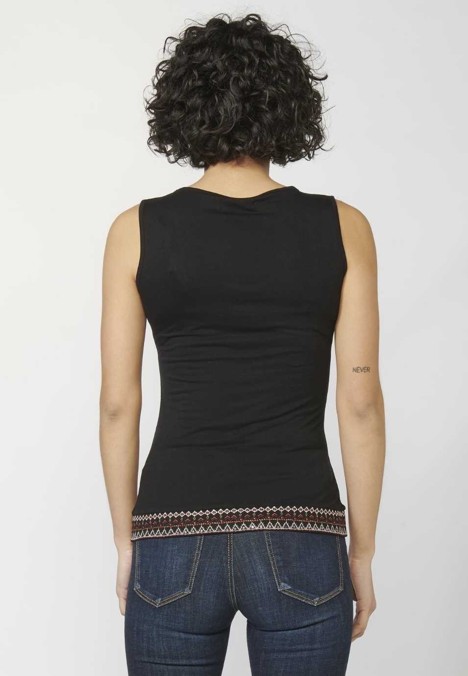 Tank Top with V-neckline and Ethnic Embroidery for Woman in Black color 4