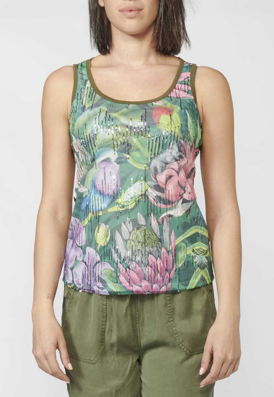 Camiseta Top tirantes con Escote Redondo y Estampado Floral con Lentejuelas para Mujer