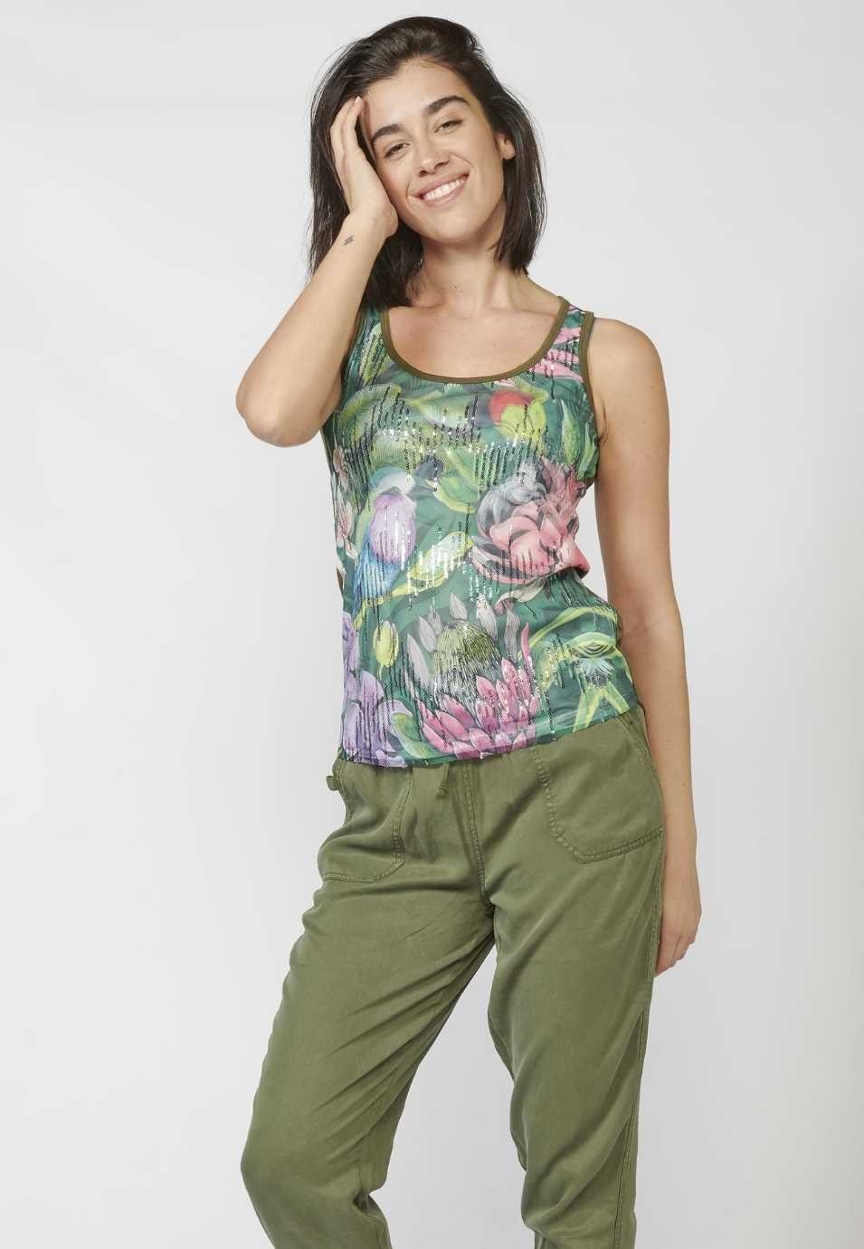 Camiseta Top tirantes con Escote Redondo y Estampado Floral con Lentejuelas para Mujer 4