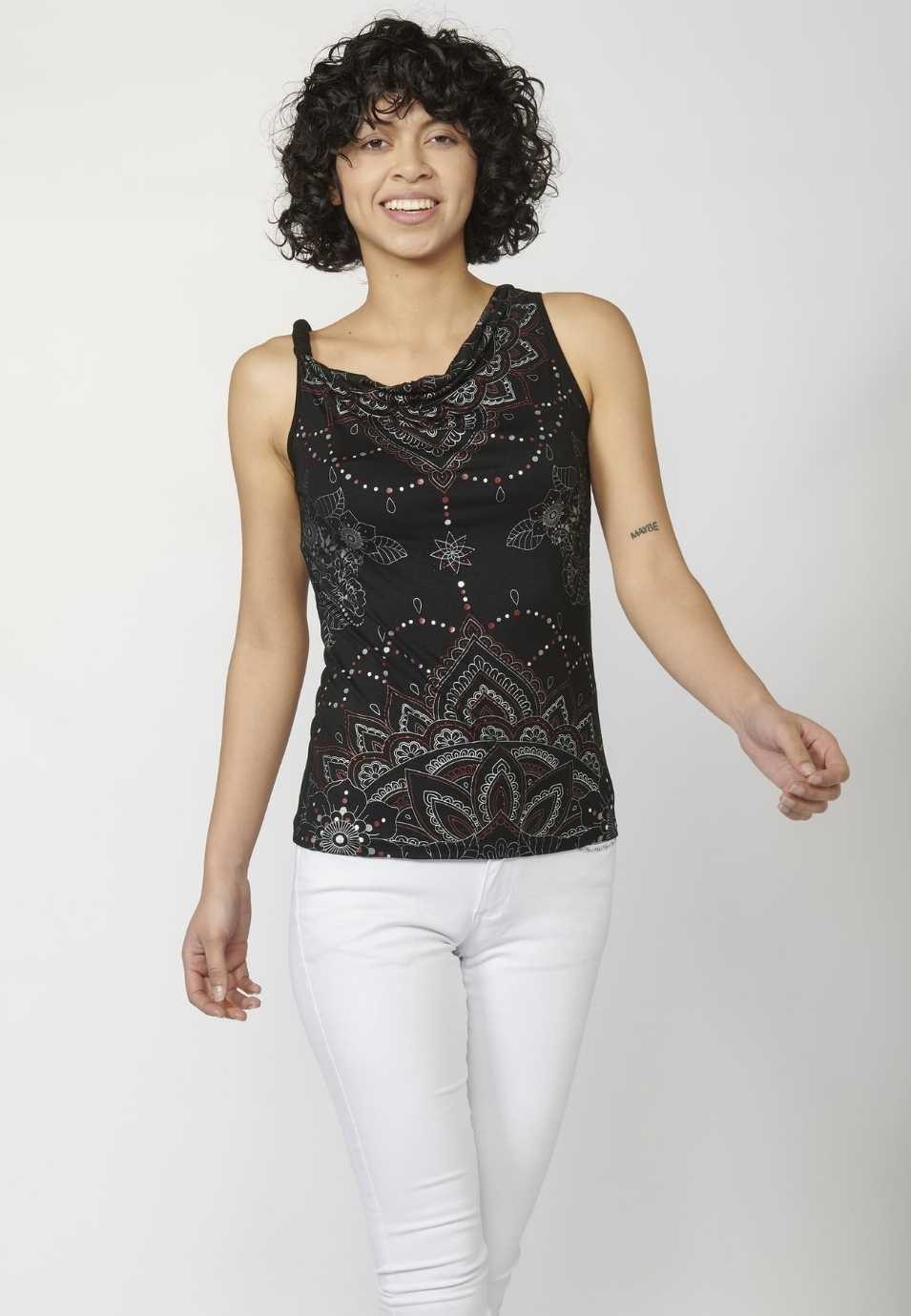 Tank Top with Loose Neckline and Ethnic Floral Print for Woman in Red color