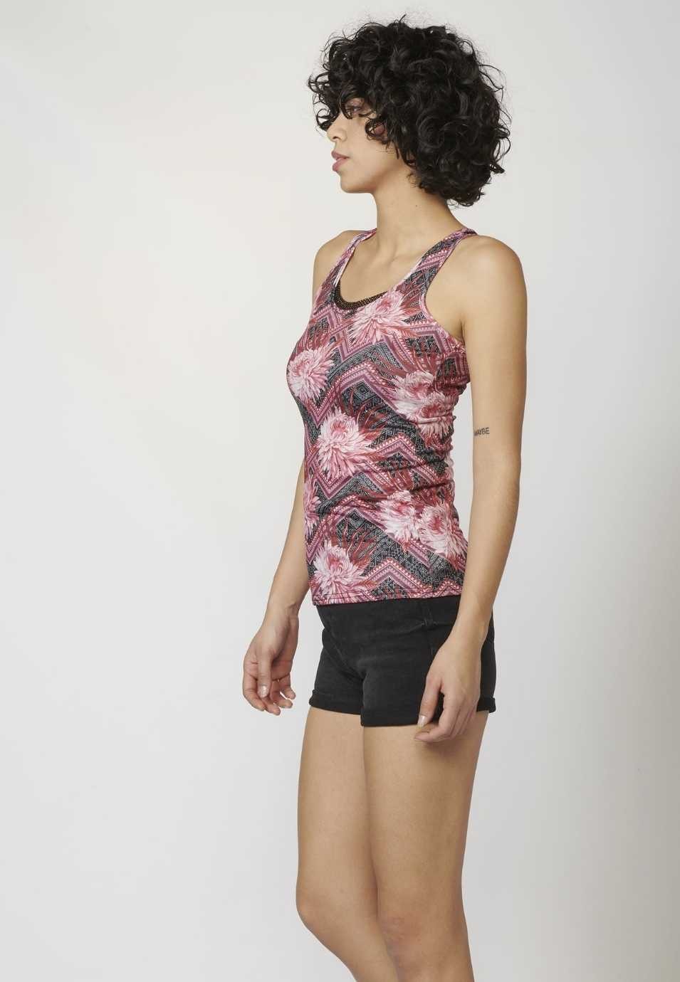 Tank Top with Round Neckline and Floral Print for Woman in Red color 3