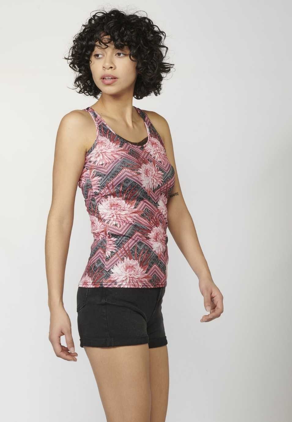 Tank Top with Round Neckline and Floral Print for Woman in Red color 5