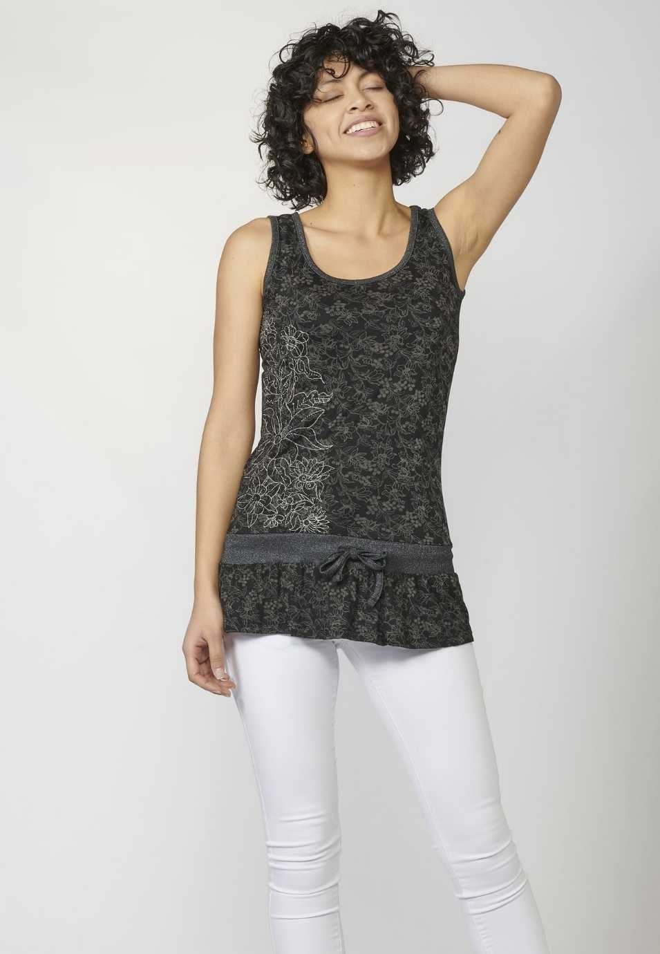 Tank Top with Round Neckline and Floral Print for Woman in Black color