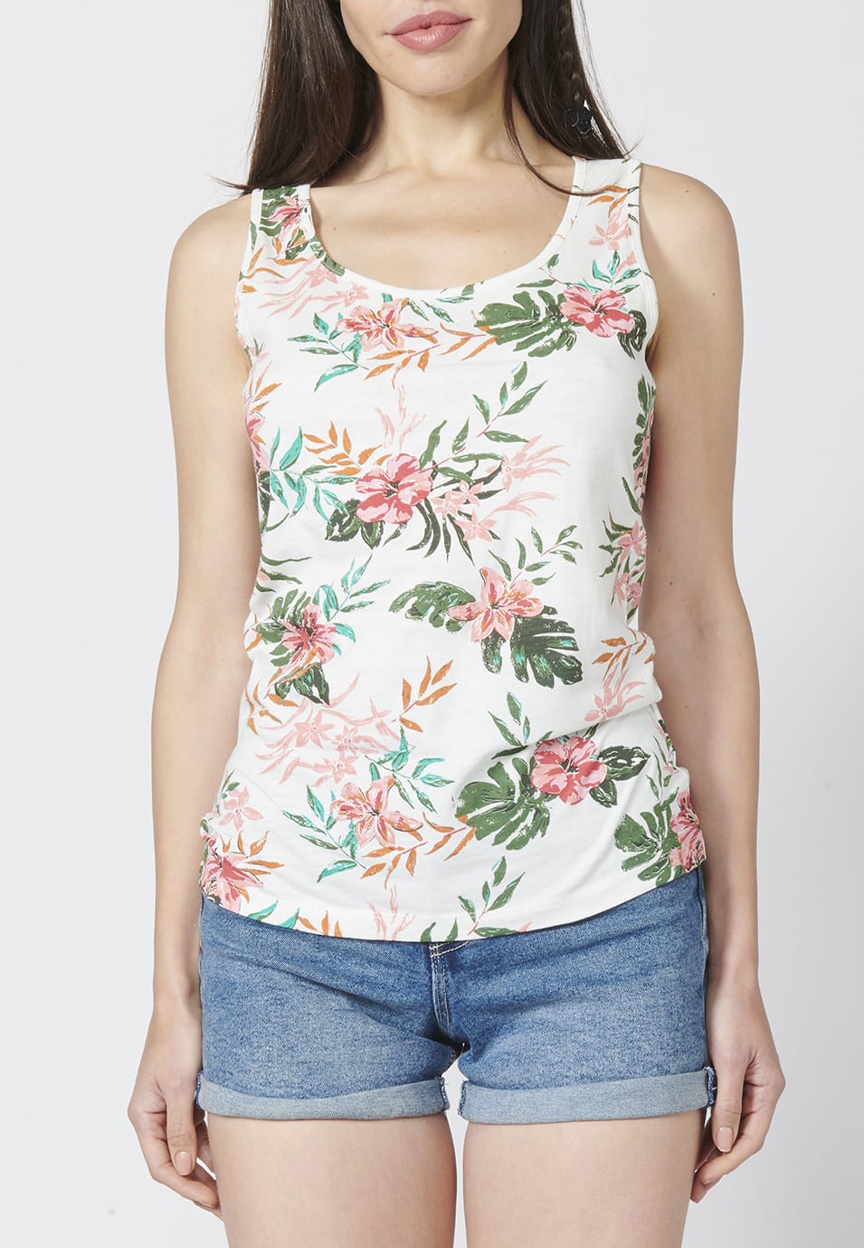 Women's Straight Cut Cotton Tank Top with Tropical Floral Print 5