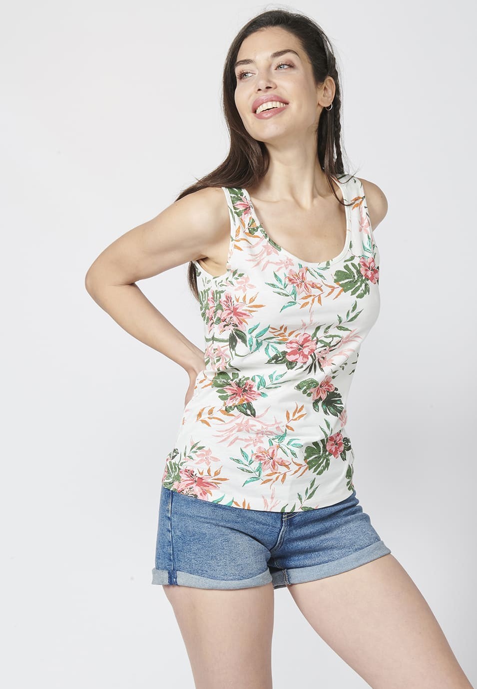 Women's Straight Cut Cotton Tank Top with Tropical Floral Print 4