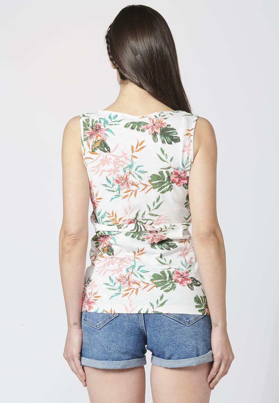 Women's Straight Cut Cotton Tank Top with Tropical Floral Print 6