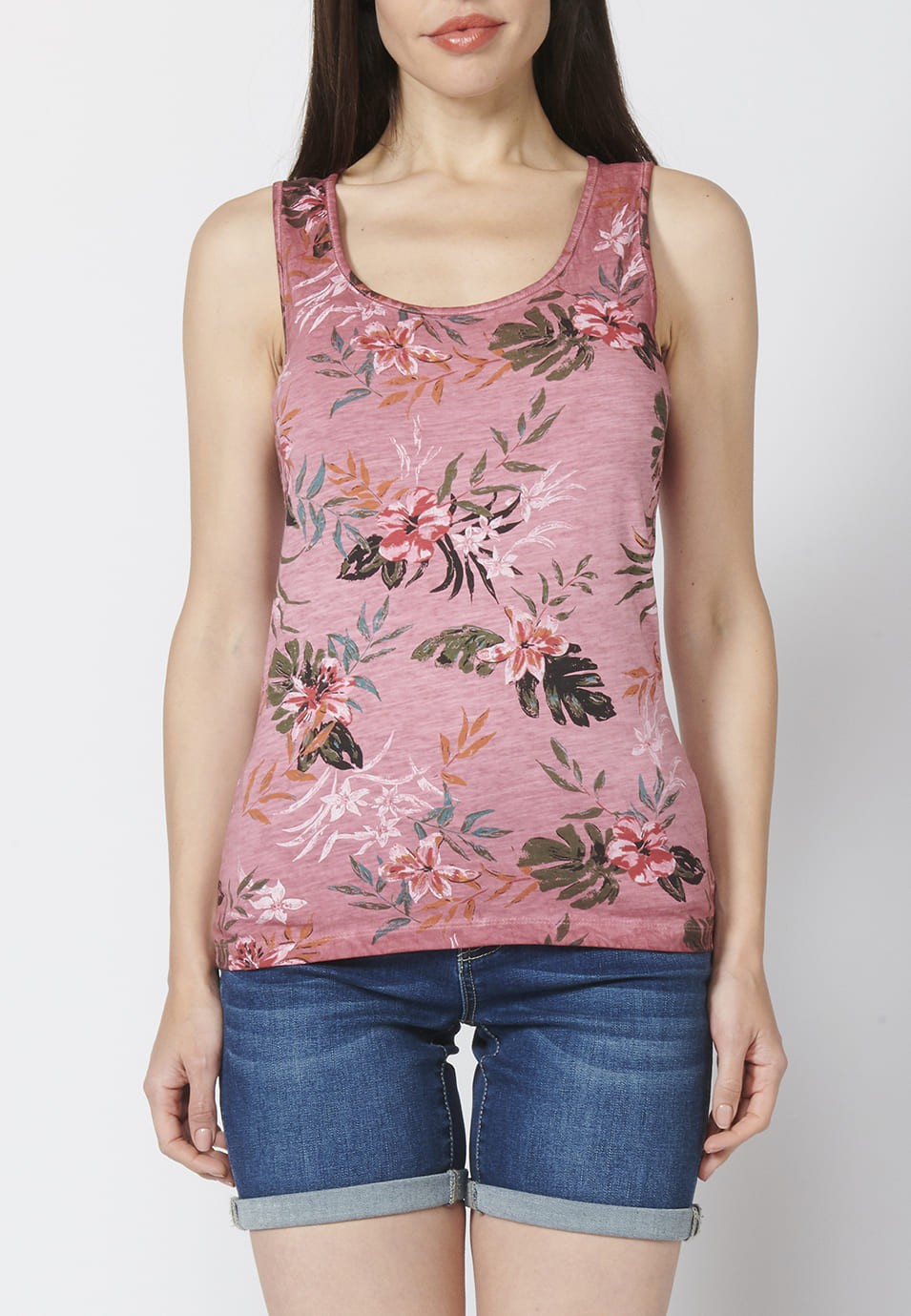 Camiseta Top tirantes de Algodón de corte Recto con Estampado Tropical Floral para Mujer 1