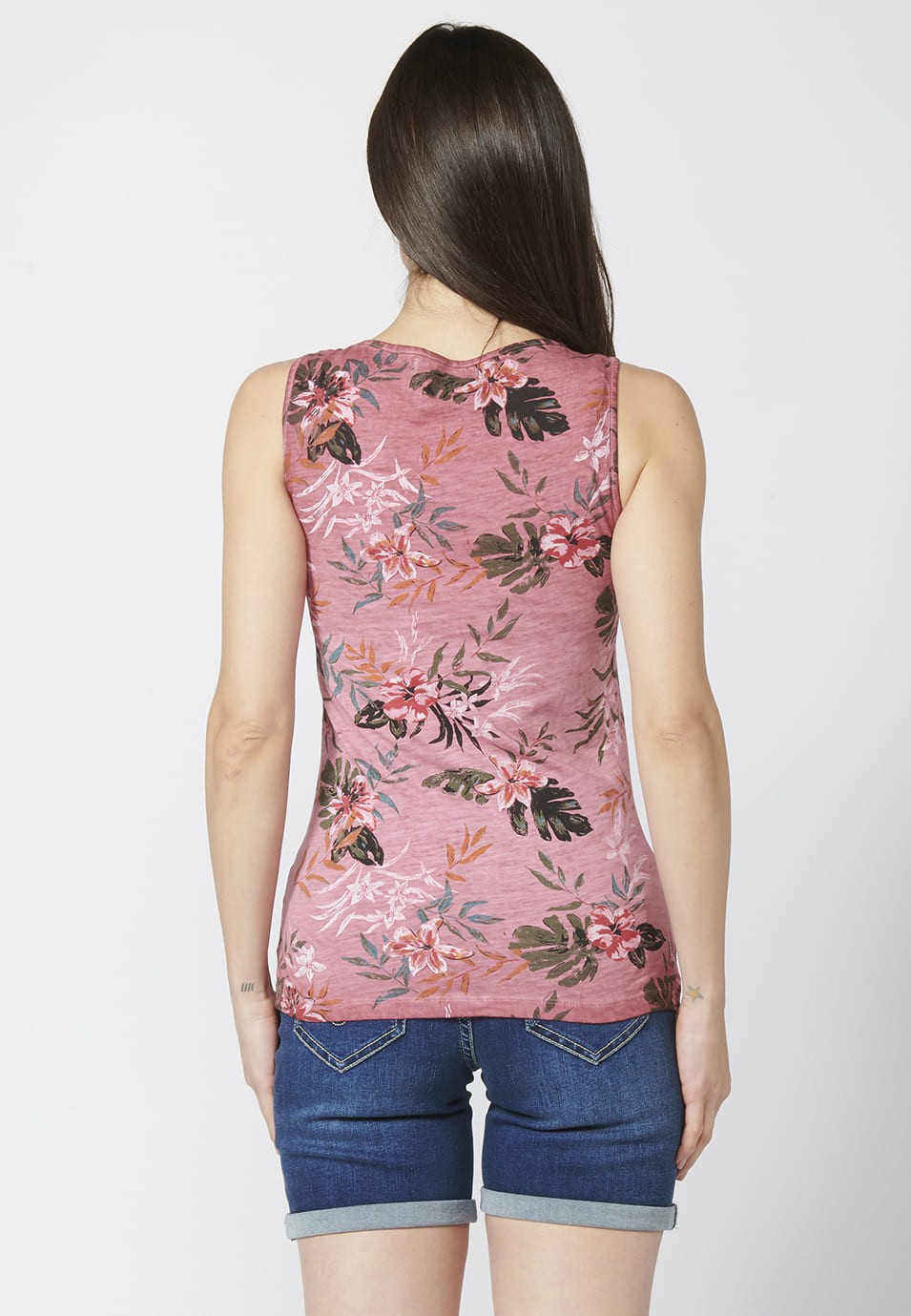 Camiseta Top tirantes de Algodón de corte Recto con Estampado Tropical Floral para Mujer 6