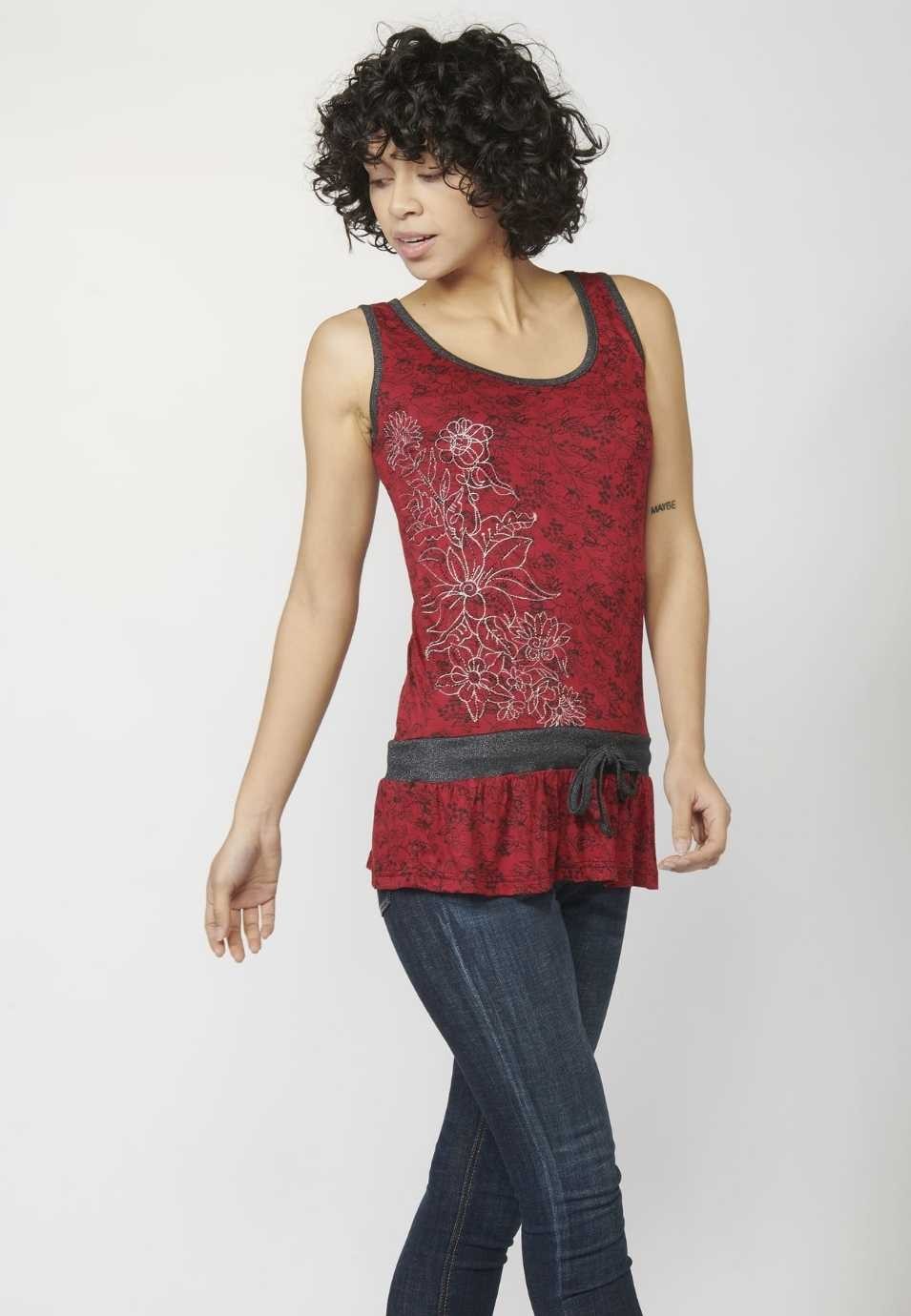 Camiseta Top tirantes con Escote Redondo y Estampado Floral para Mujer color Rojo 2