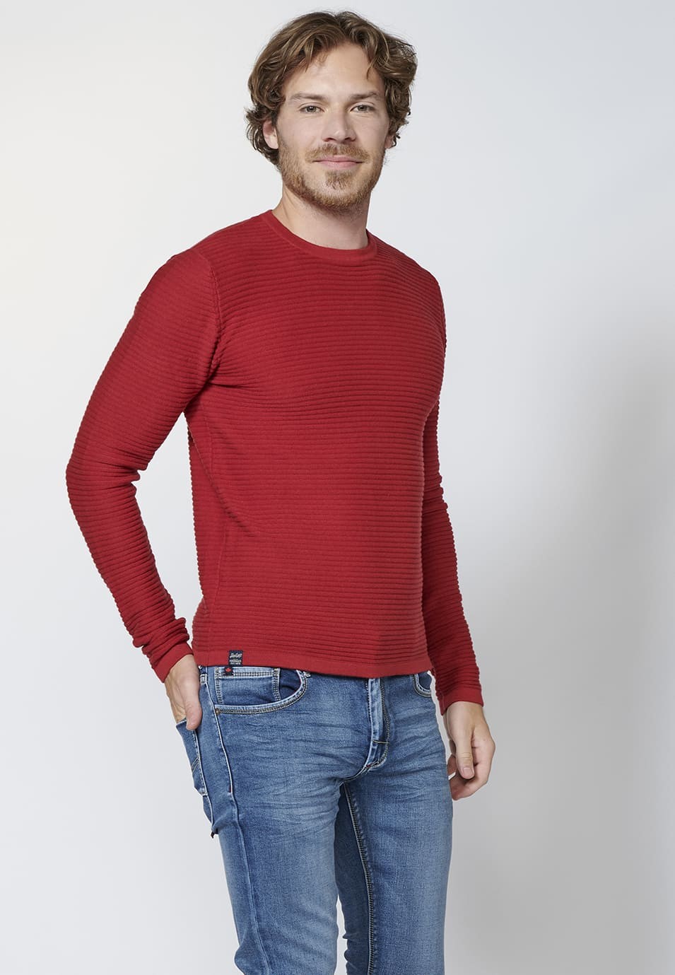 Jersey rojo de algodón de manga larga texturizado para hombre