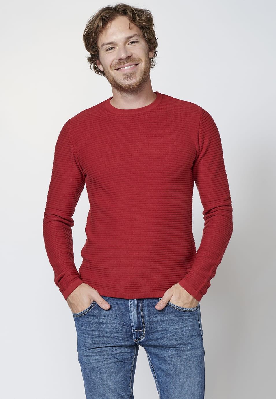 Jersey rojo de algodón de manga larga texturizado para hombre