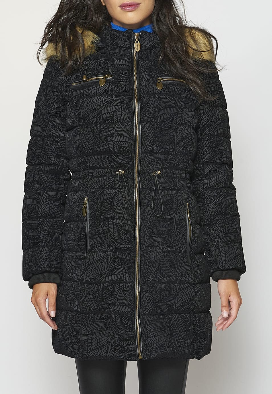 Langer wattierter Parka-Mantel mit Blumendruck, abnehmbarer Kapuze und Fell für Damen