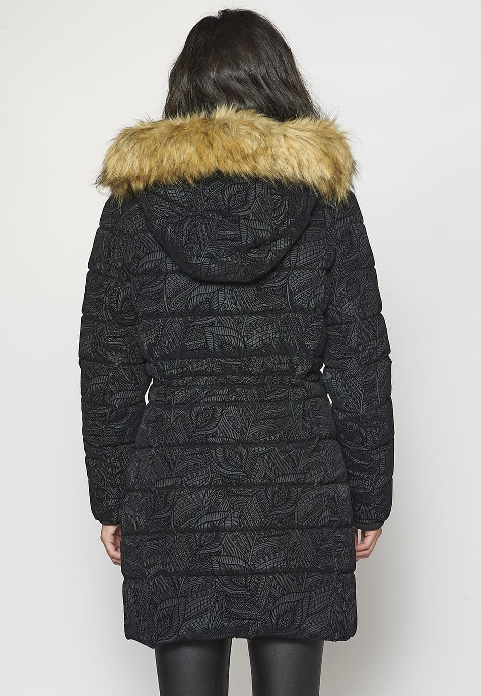 Long padded parka coat with floral print, detachable hood and fur for Woman